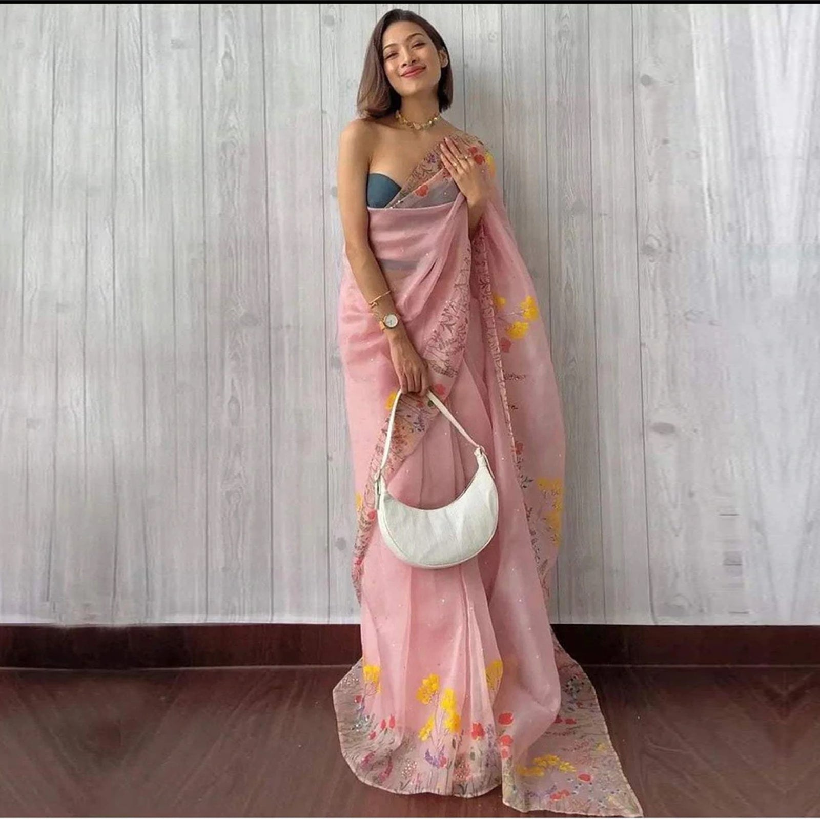 Pink Organza Silk Saree with Beautiful Floral Handprint Karanda Handwork Tikki Plain Blouse for Wedding ClothsVilla