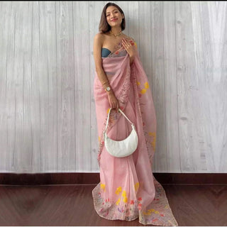 Pink Organza Silk Saree with Beautiful Floral Handprint Karanda Handwork Tikki Plain Blouse for Wedding ClothsVilla