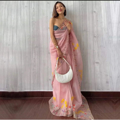 Pink Organza Silk Saree with Beautiful Floral Handprint Karanda Handwork Tikki Plain Blouse for Wedding ClothsVilla Main image