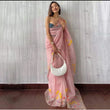 Load image into Gallery viewer, Pink Organza Silk Saree with Beautiful Floral Handprint Karanda Handwork Tikki Plain Blouse for Wedding ClothsVilla