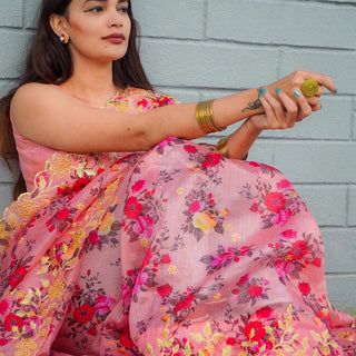 Pink Organza Silk Saree with Beautiful Handprint with Golden Embroidery Pearl Touch ups and Silk Blouse for Wedding ClothsVilla