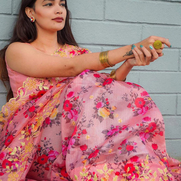 Pink Organza Silk Saree with Beautiful Handprint with Golden Embroidery Pearl Touch ups and Silk Blouse for Wedding ClothsVilla
