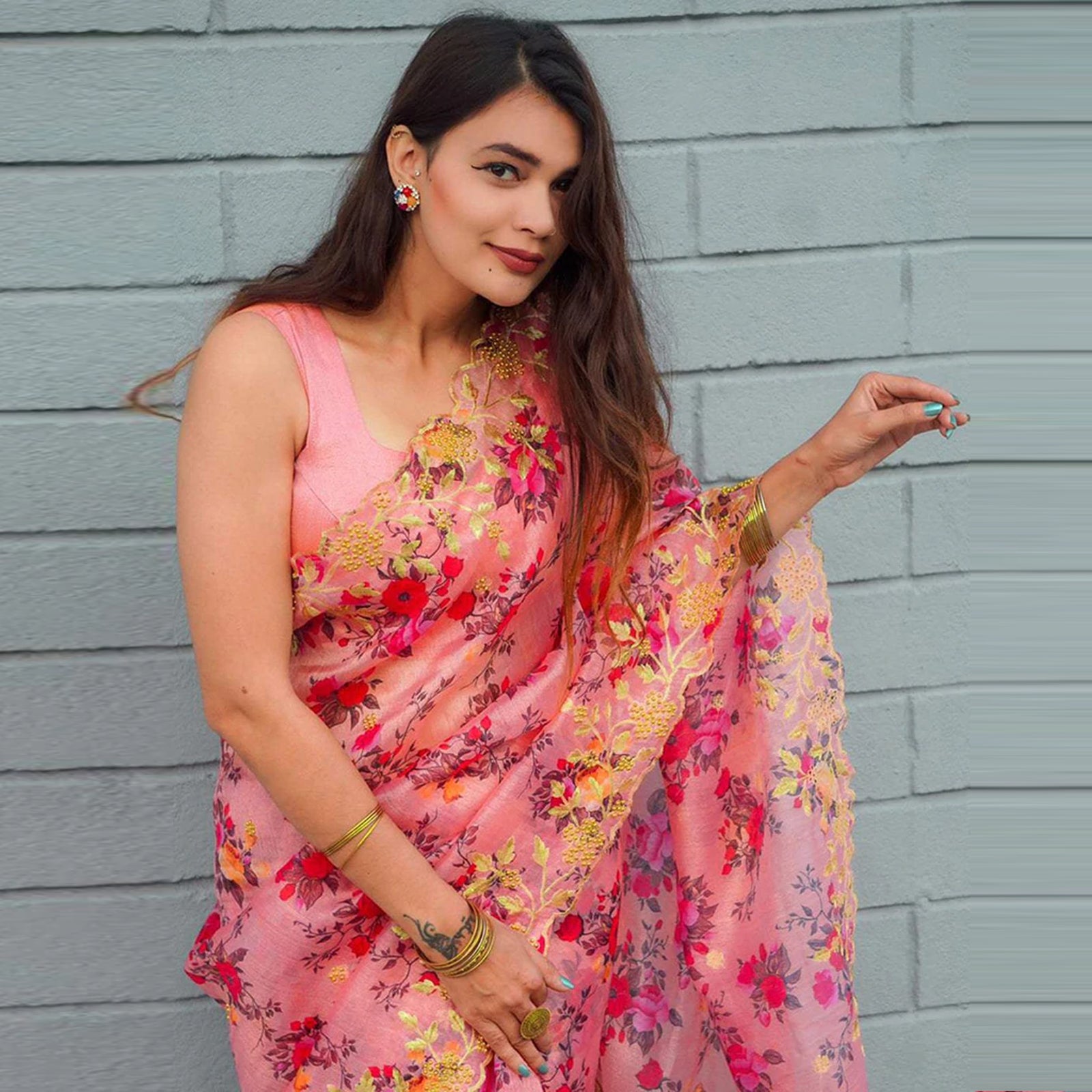 Pink Organza Silk Saree with Beautiful Handprint with Golden Embroidery Pearl Touch ups and Silk Blouse for Wedding ClothsVilla
