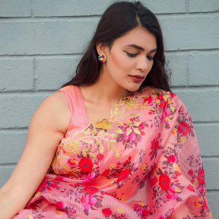 Pink Organza Silk Saree with Beautiful Handprint with Golden Embroidery Pearl Touch ups and Silk Blouse for Wedding ClothsVilla