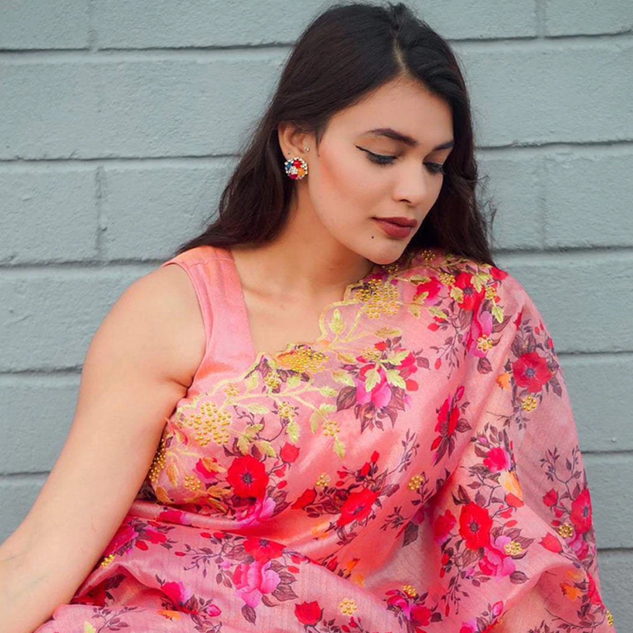 Pink Organza Silk Saree with Beautiful Handprint with Golden Embroidery Pearl Touch ups and Silk Blouse for Wedding ClothsVilla