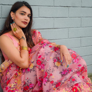 Pink Organza Silk Saree with Beautiful Handprint with Golden Embroidery Pearl Touch ups and Silk Blouse for Wedding ClothsVilla