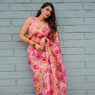 Pink Organza Silk Saree with Beautiful Handprint with Golden Embroidery Pearl Touch ups and Silk Blouse for Wedding ClothsVilla