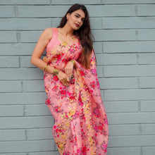 Load image into Gallery viewer, Pink Organza Silk Saree with Beautiful Handprint with Golden Embroidery Pearl Touch ups and Silk Blouse for Wedding ClothsVilla