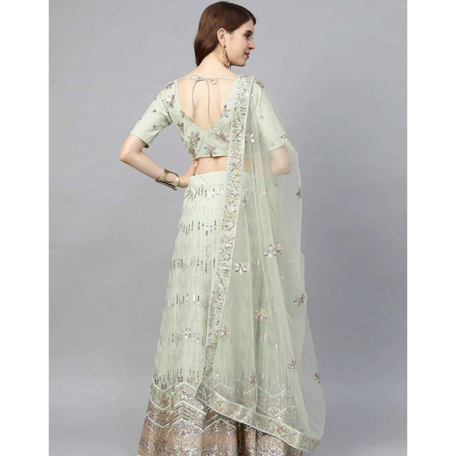 Light Green Net Lehenga with Heavy Embroidery, Zari, Thread work ClothsVilla