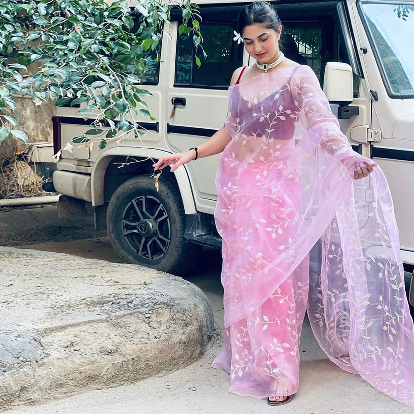 Pink Organza Silk Saree with Beautiful Sequence Work and Silk Blouse for Wedding ClothsVilla