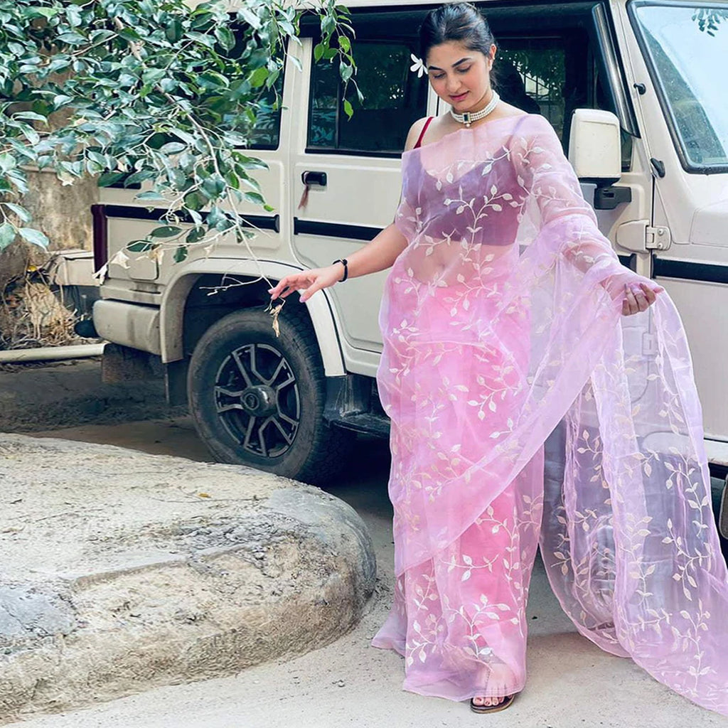 Pink Organza Silk Saree with Beautiful Sequence Work and Silk Blouse for Wedding ClothsVilla