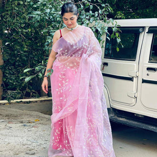 Pink Organza Silk Saree with Beautiful Sequence Work and Silk Blouse for Wedding ClothsVilla