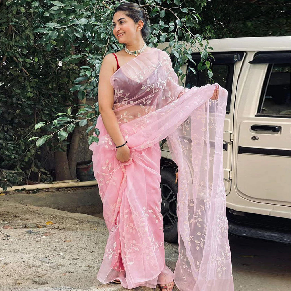 Pink Organza Silk Saree with Beautiful Sequence Work and Silk Blouse for Wedding ClothsVilla