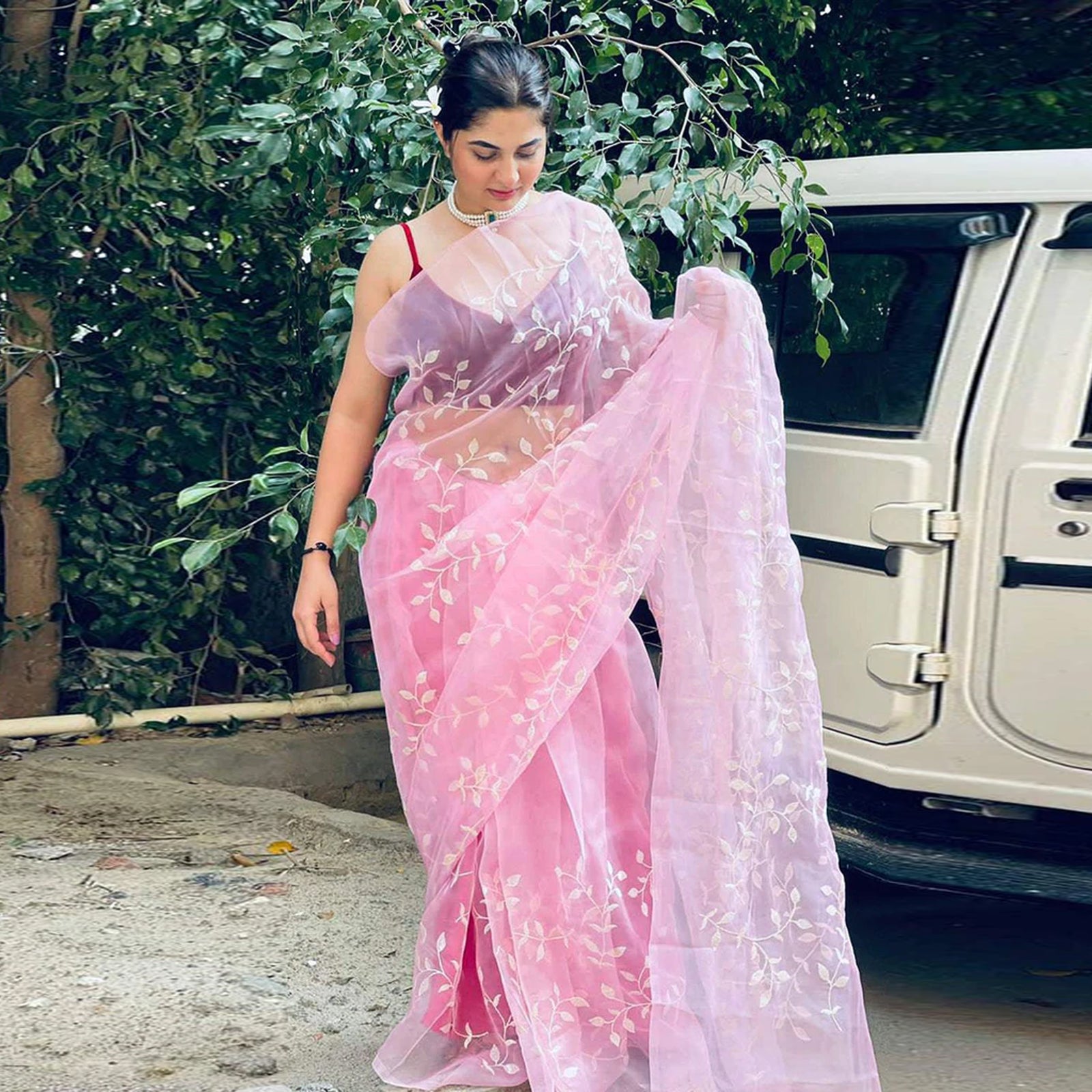 Pink Organza Silk Saree with Beautiful Sequence Work and Silk Blouse for Wedding ClothsVilla