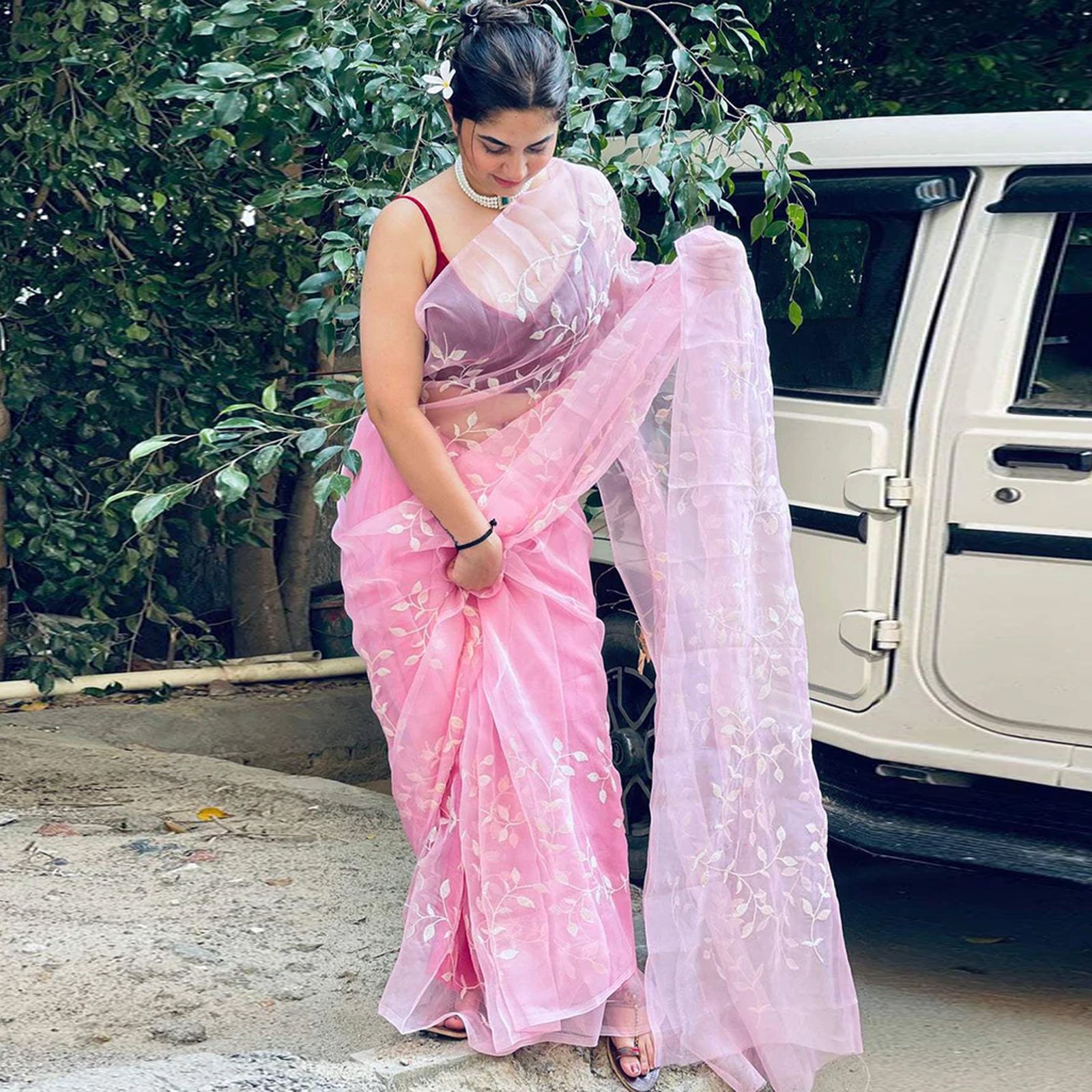 Pink Organza Silk Saree with Beautiful Sequence Work and Silk Blouse for Wedding ClothsVilla
