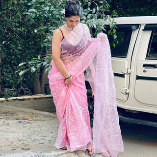 Pink Organza Silk Saree with Beautiful Sequence Work and Silk Blouse for Wedding ClothsVilla