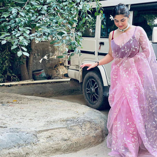 Pink Organza Silk Saree with Beautiful Sequence Work and Silk Blouse for Wedding ClothsVilla