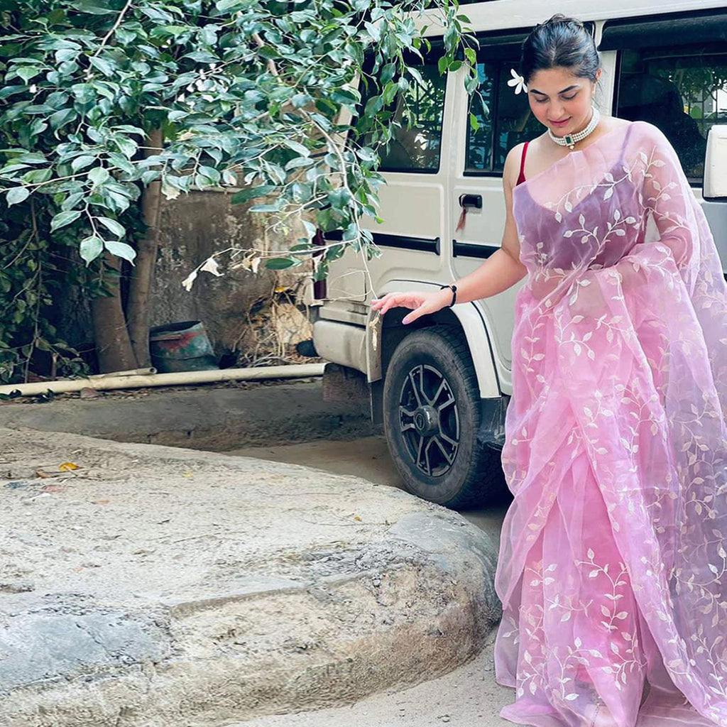 Pink Organza Silk Saree with Beautiful Sequence Work and Silk Blouse for Wedding ClothsVilla