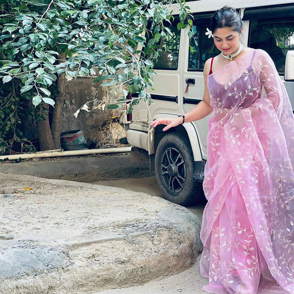Pink Organza Silk Saree with Beautiful Sequence Work and Silk Blouse for Wedding ClothsVilla