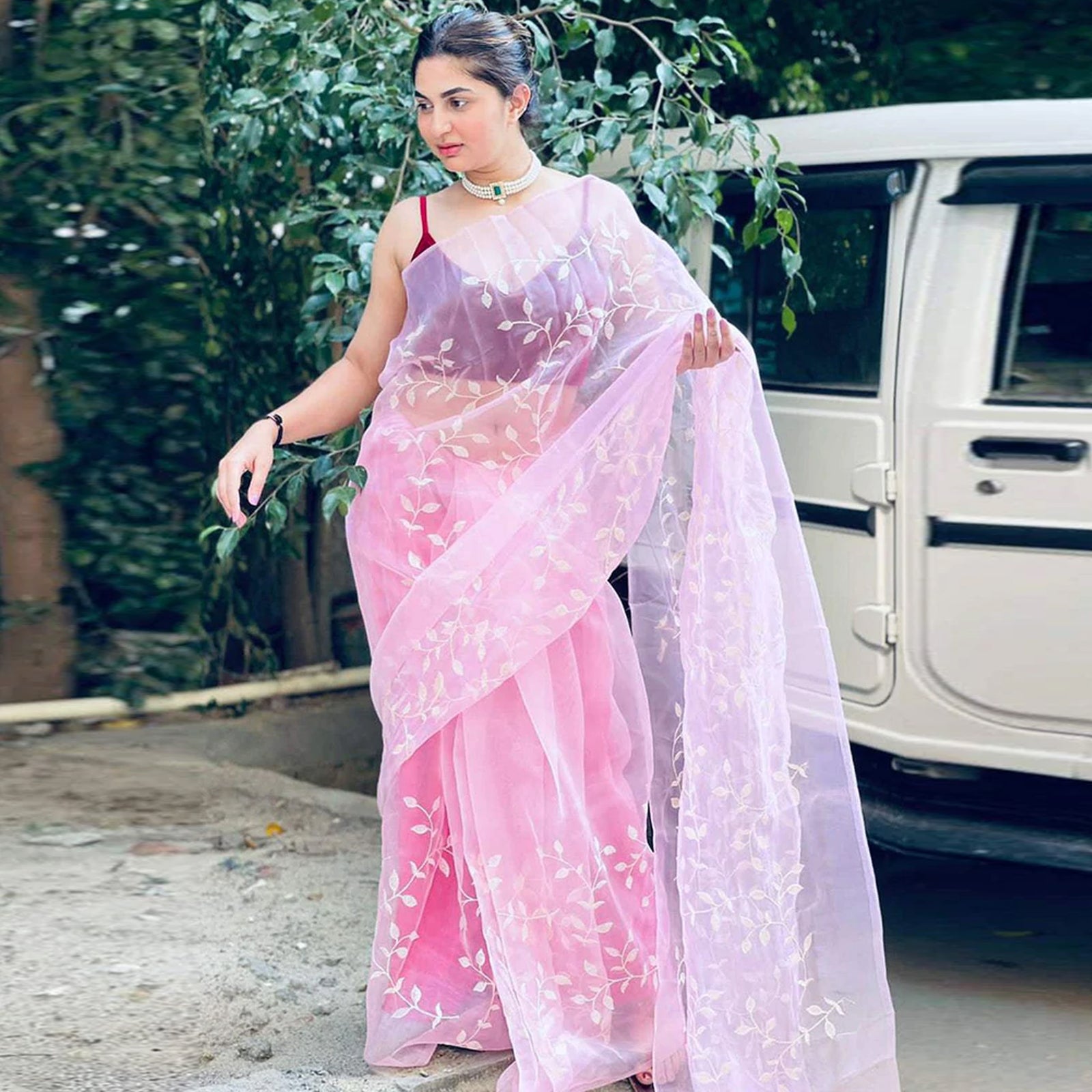 Pink Organza Silk Saree with Beautiful Sequence Work and Silk Blouse for Wedding ClothsVilla