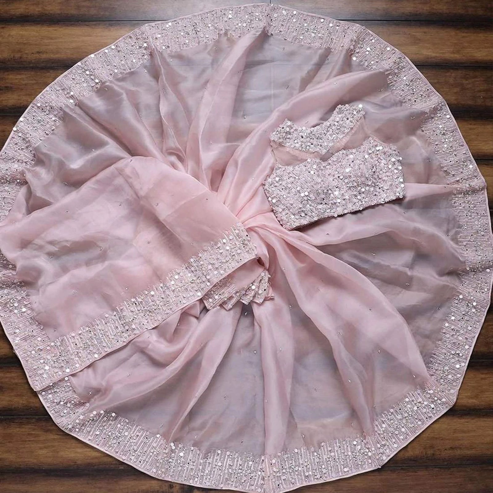 Pink Organza Silk Saree with Embroidery and Mirror Work ClothsVilla