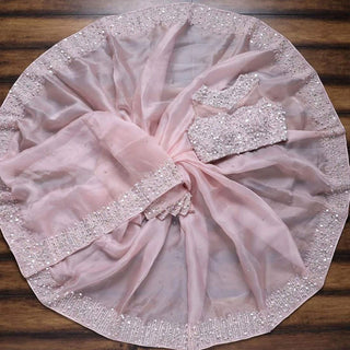 Pink Organza Silk Saree with Embroidery and Mirror Work ClothsVilla