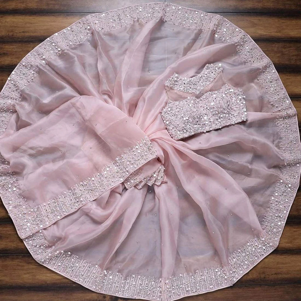 Pink Organza Silk Saree with Embroidery and Mirror Work ClothsVilla