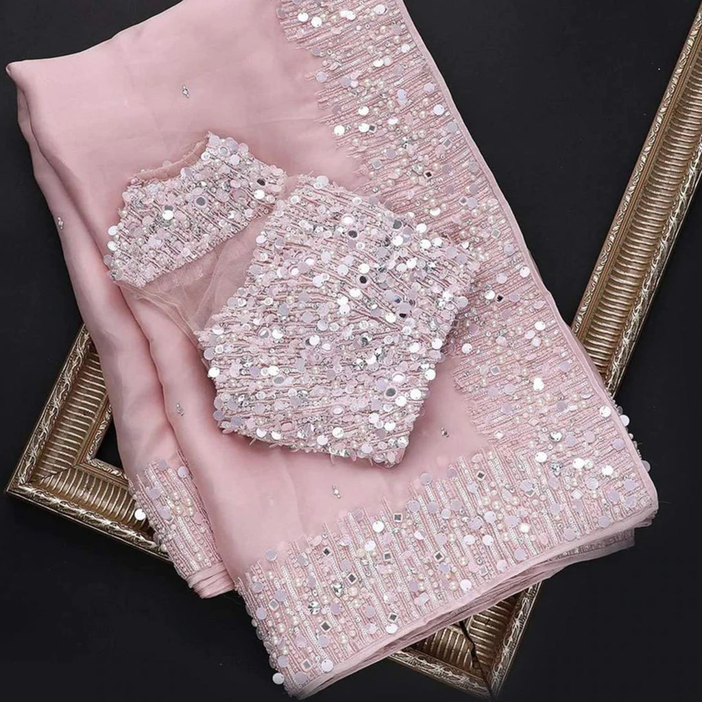 Pink Organza Silk Saree with Embroidery and Mirror Work ClothsVilla