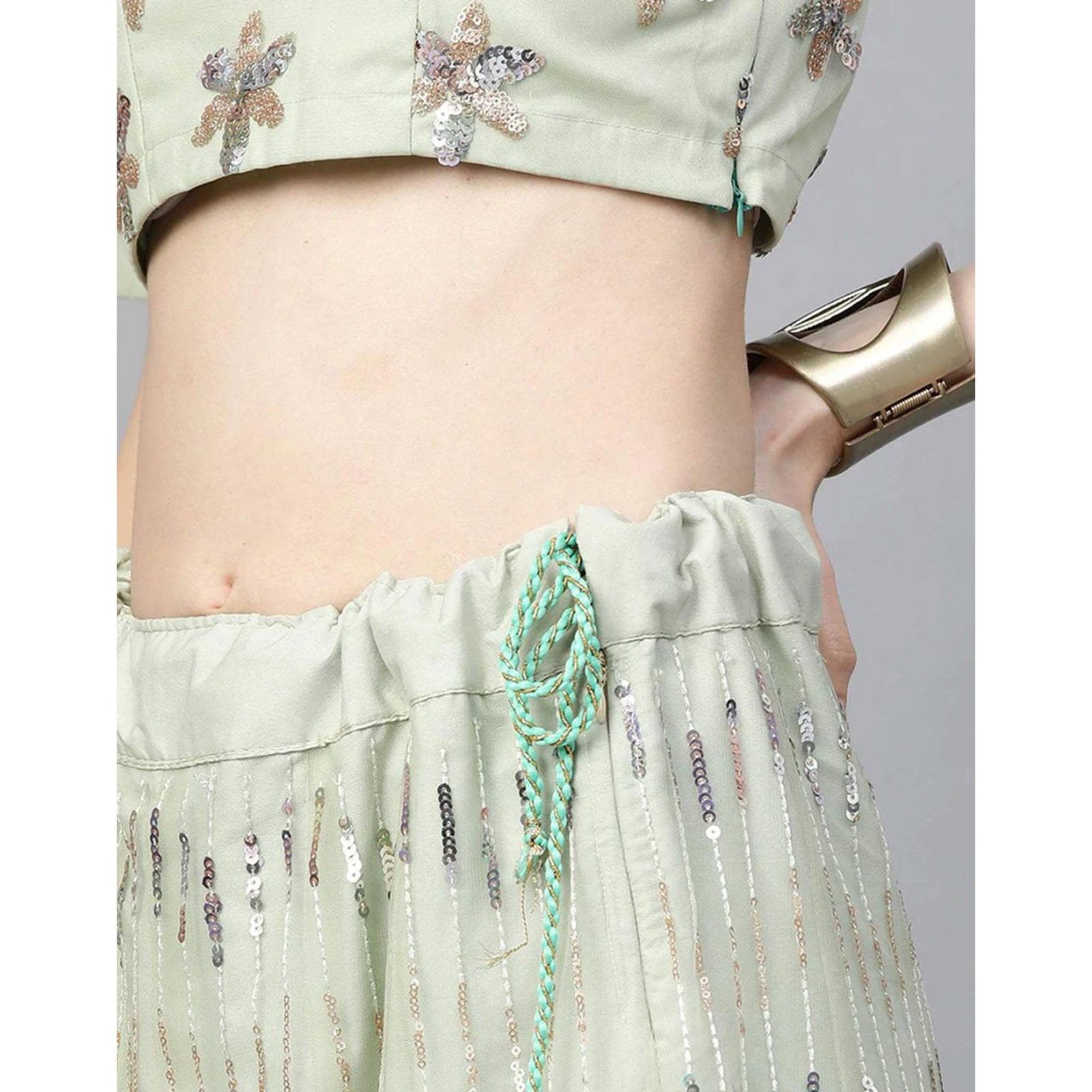 Light Green Net Lehenga with Heavy Embroidery, Zari, Thread work ClothsVilla