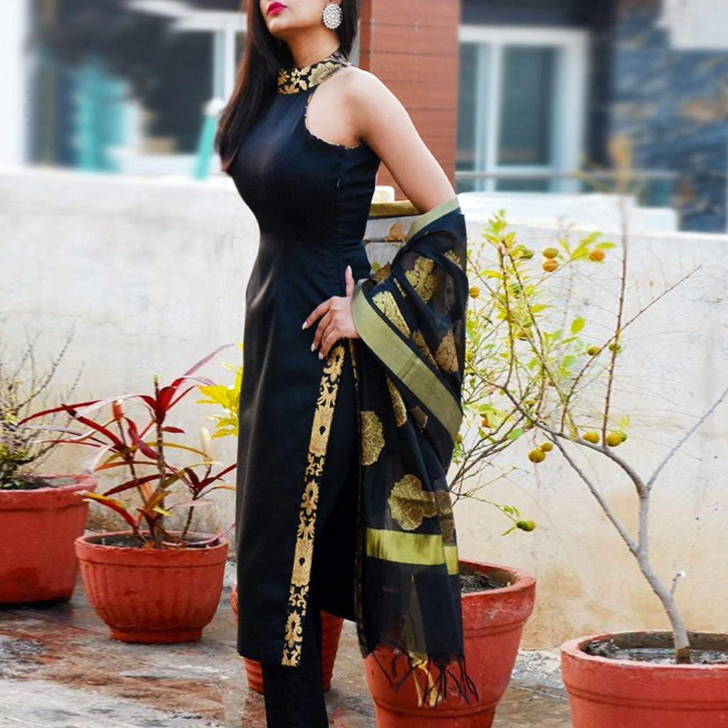 Yellow Lehariya Kurta set with Dupatta in Pure Dola Silk fabric with  SequenceResham Dabka and Zari Weaving All Over  Kishori