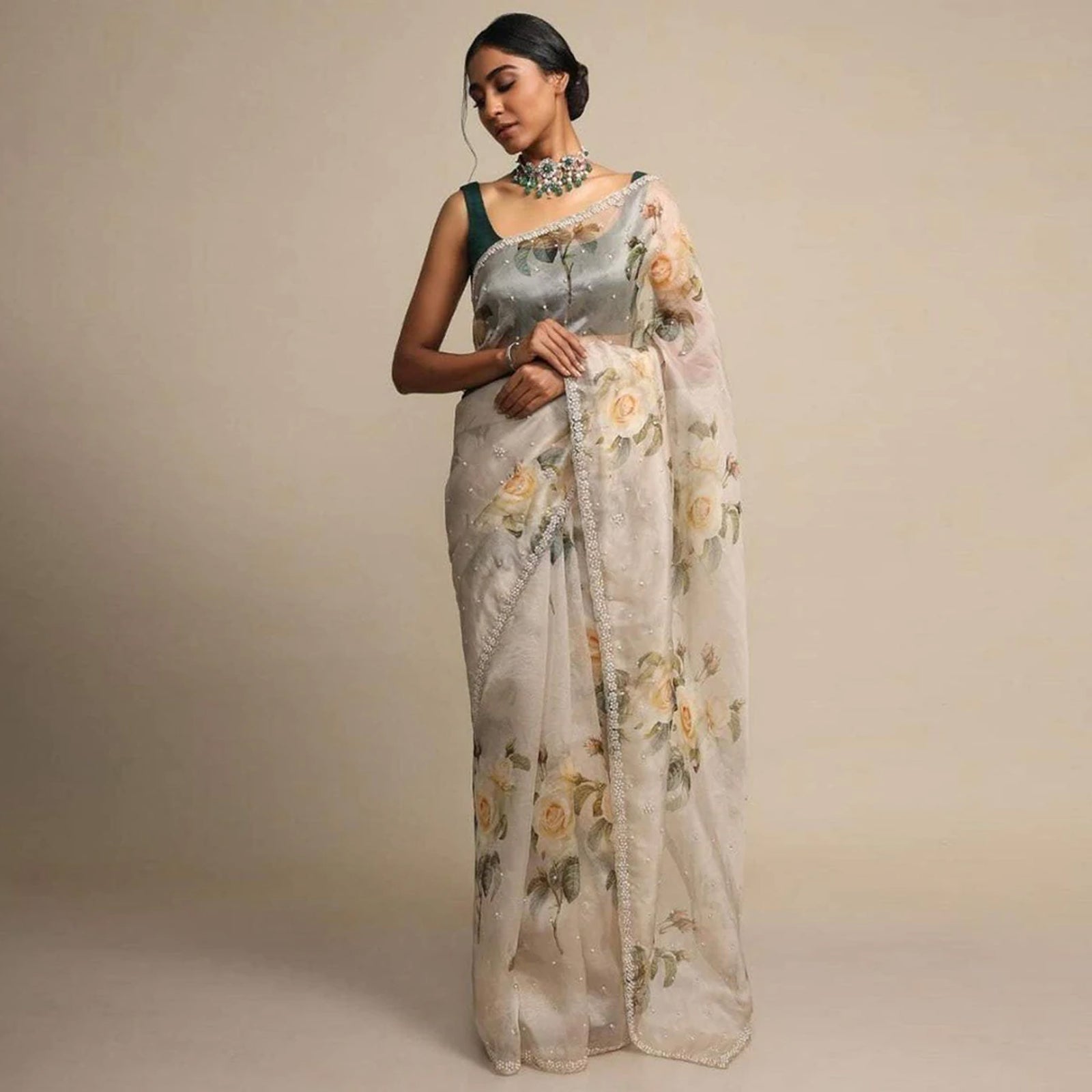 Pure Organza Saree with Beautiful Hand Print Zardosi touch up of Pearl and Matching Silk Blouse ClothsVilla