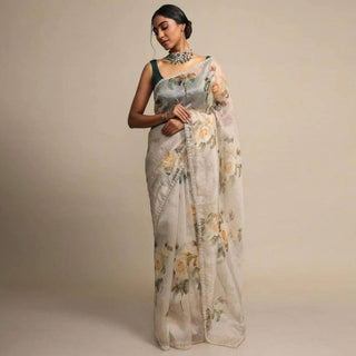 Pure Organza Saree with Beautiful Hand Print Zardosi touch up of Pearl and Matching Silk Blouse ClothsVilla