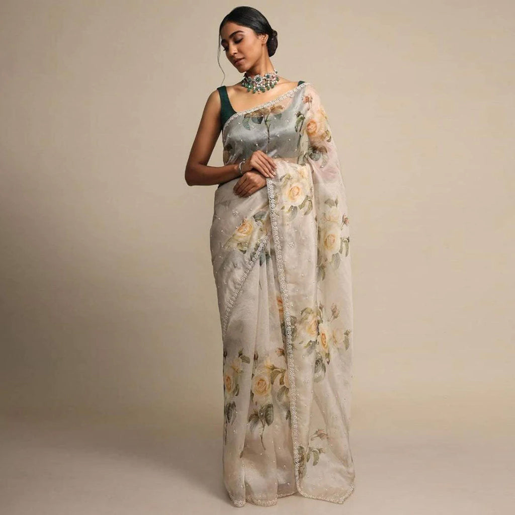 Pure Organza Saree with Beautiful Hand Print Zardosi touch up of Pearl and Matching Silk Blouse ClothsVilla