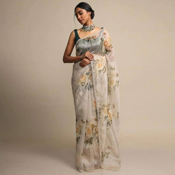 Pure Organza Saree with Beautiful Hand Print Zardosi touch up of Pearl and Matching Silk Blouse ClothsVilla