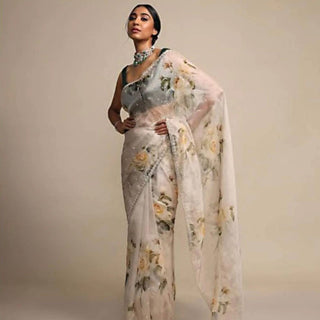 Pure Organza Saree with Beautiful Hand Print Zardosi touch up of Pearl and Matching Silk Blouse ClothsVilla