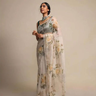 Pure Organza Saree with Beautiful Hand Print Zardosi touch up of Pearl and Matching Silk Blouse ClothsVilla