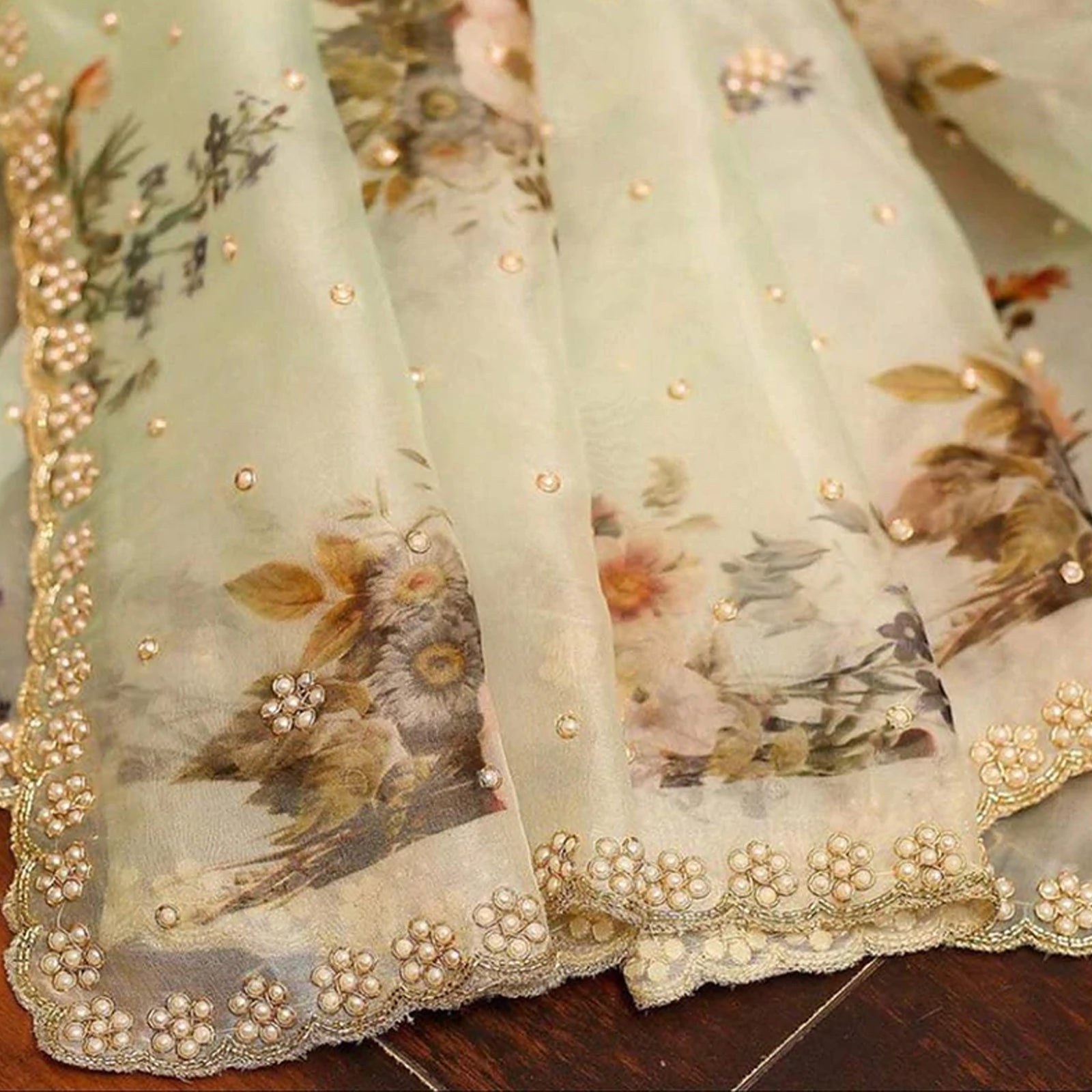 Pure Organza Saree with Beautiful Hand Print Zardosi touch up of Pearl and Matching Silk Blouse ClothsVilla