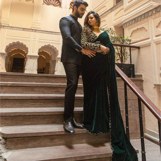 Pure Velvet Designer Green Saree with Heavy Embroidery Work Unstitched Blouse ClothsVilla
