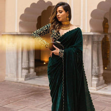 Load image into Gallery viewer, Pure Velvet Designer Green Saree with Heavy Embroidery Work Unstitched Blouse ClothsVilla