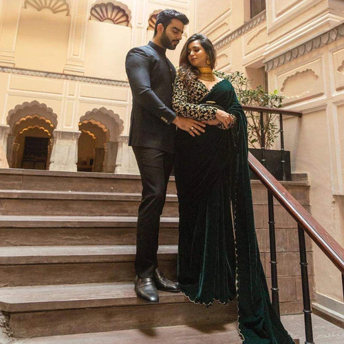 Pure Velvet Designer Green Saree with Heavy Embroidery Work Unstitched Blouse ClothsVilla