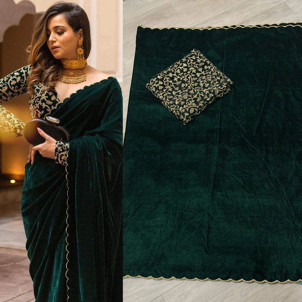 Pure Velvet Designer Green Saree with Heavy Embroidery Work Unstitched Blouse ClothsVilla