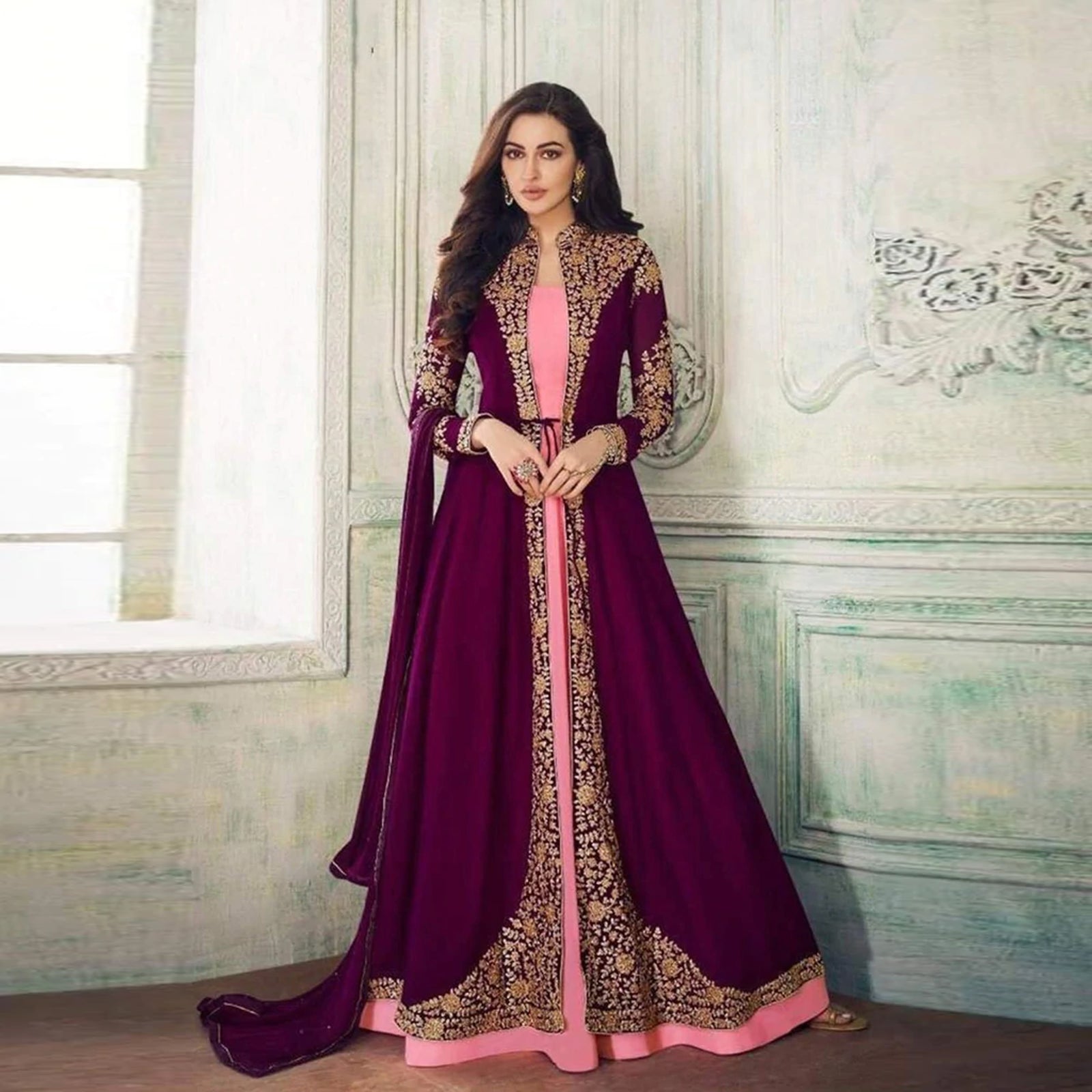 Purple Designer Gown With Heavy Embroidery Work ClothsVilla
