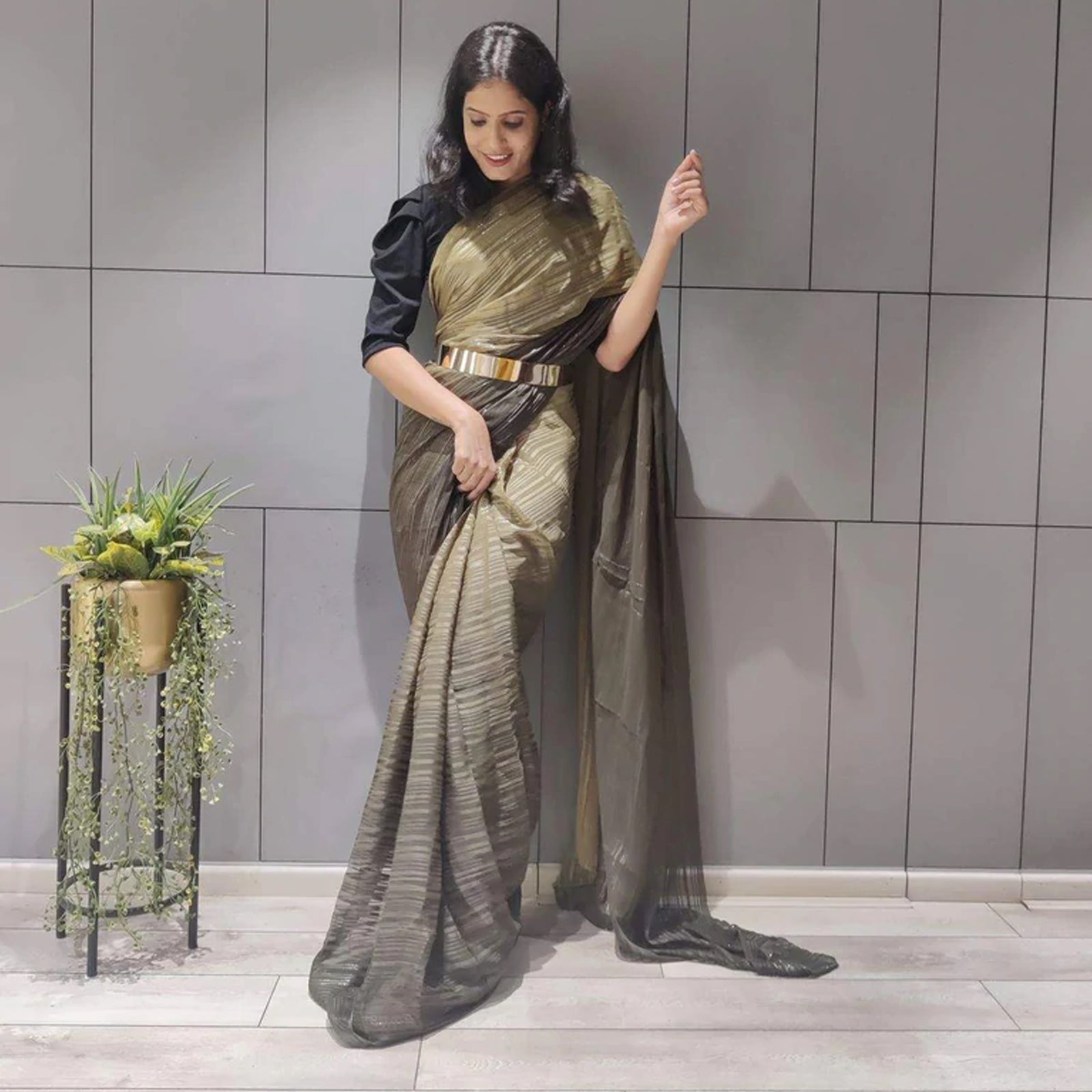 Ready to Wear Chiffon Saree with Metal Belt ClothsVilla