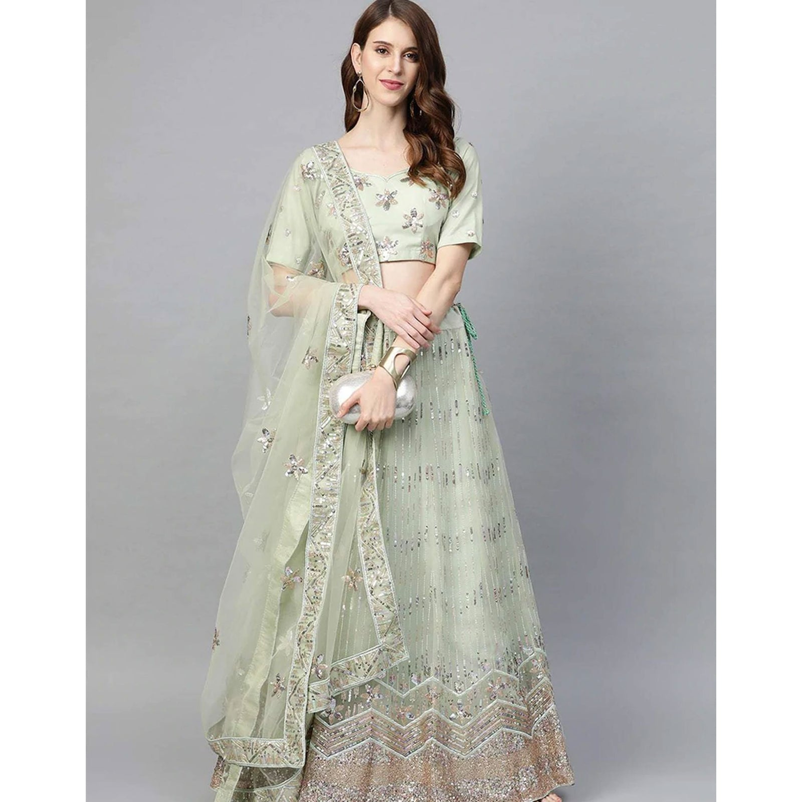 Light Green Net Lehenga with Heavy Embroidery, Zari, Thread work ClothsVilla