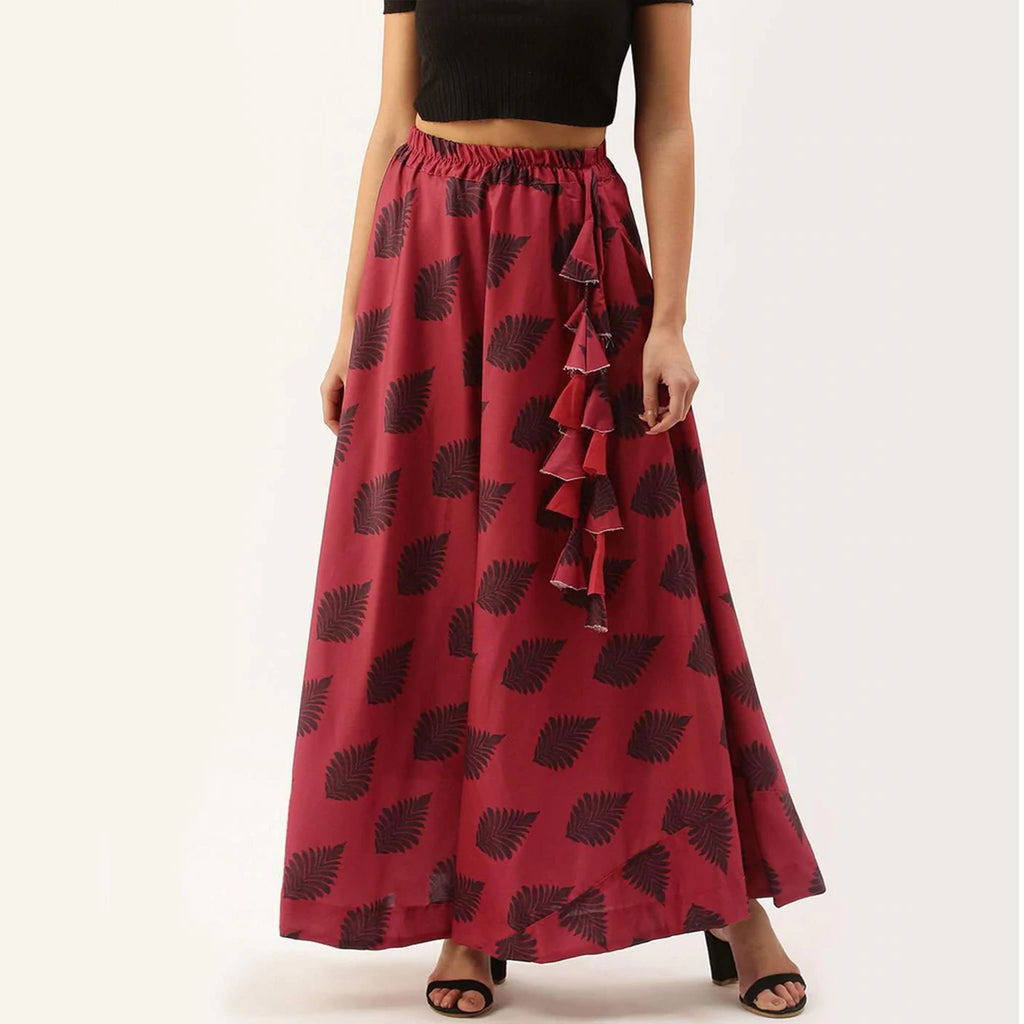Red And Dark Red Combinational Skirt with Digital Print ClothsVilla