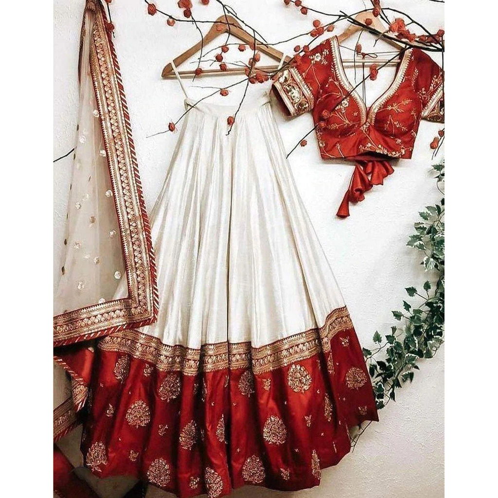 Red and White Embroidered Taffeta Silk Wedding Wear Lehenga Choli ClothsVilla