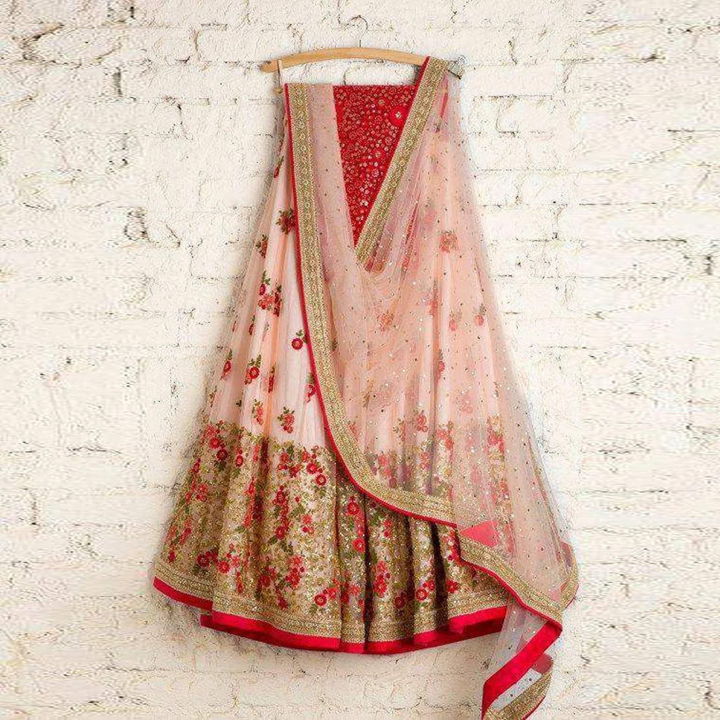 Red And White Lehenga Choli in Net with Embroidery ClothsVilla