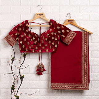 Red Color Bridal Organza Saree with Embroidery Work Blouse and Lace Border ClothsVilla