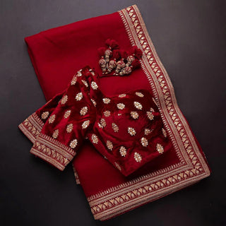 Red Color Bridal Organza Saree with Embroidery Work Blouse and Lace Border ClothsVilla