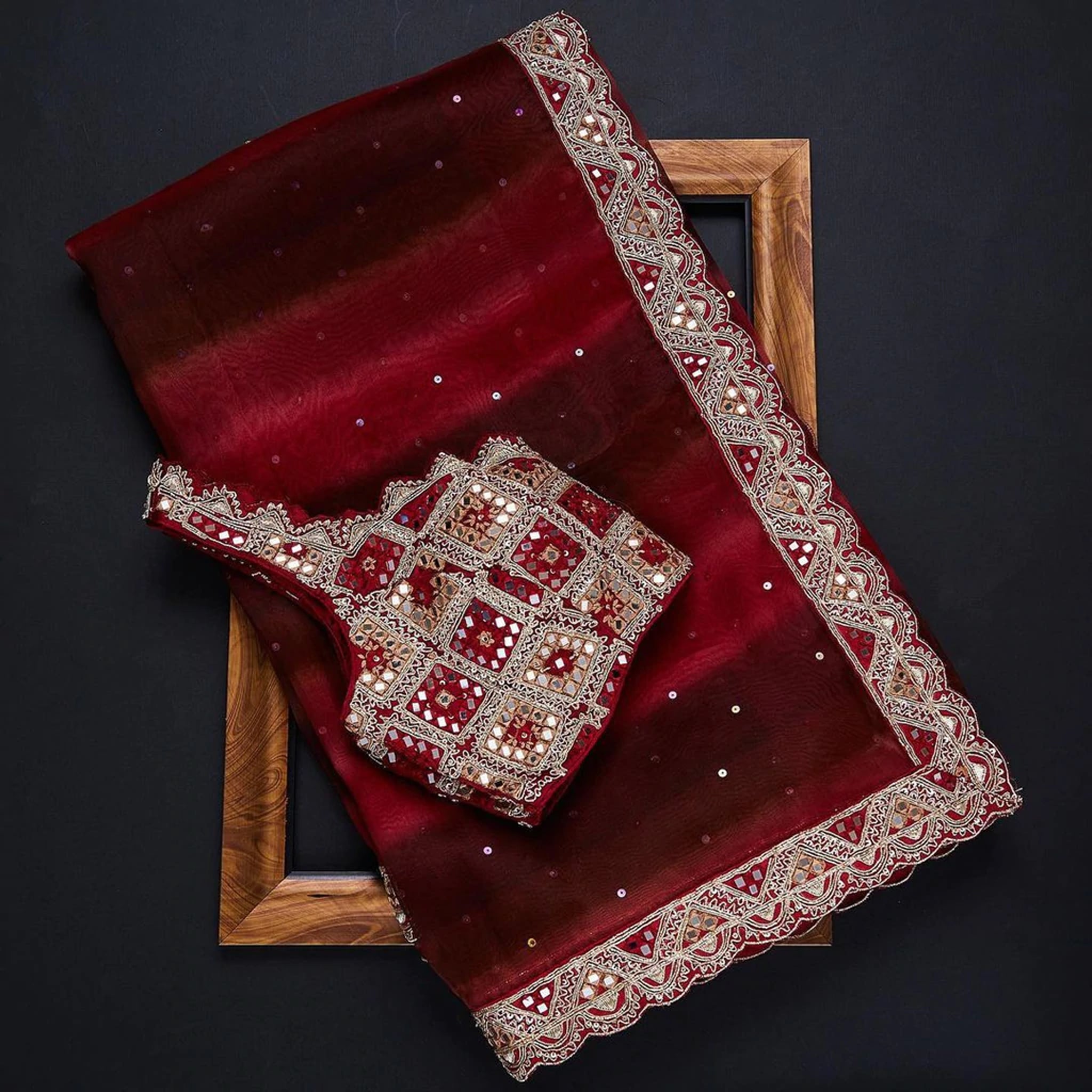Red Color Organza Saree with Dori, Foil and Thread work ClothsVilla Main image